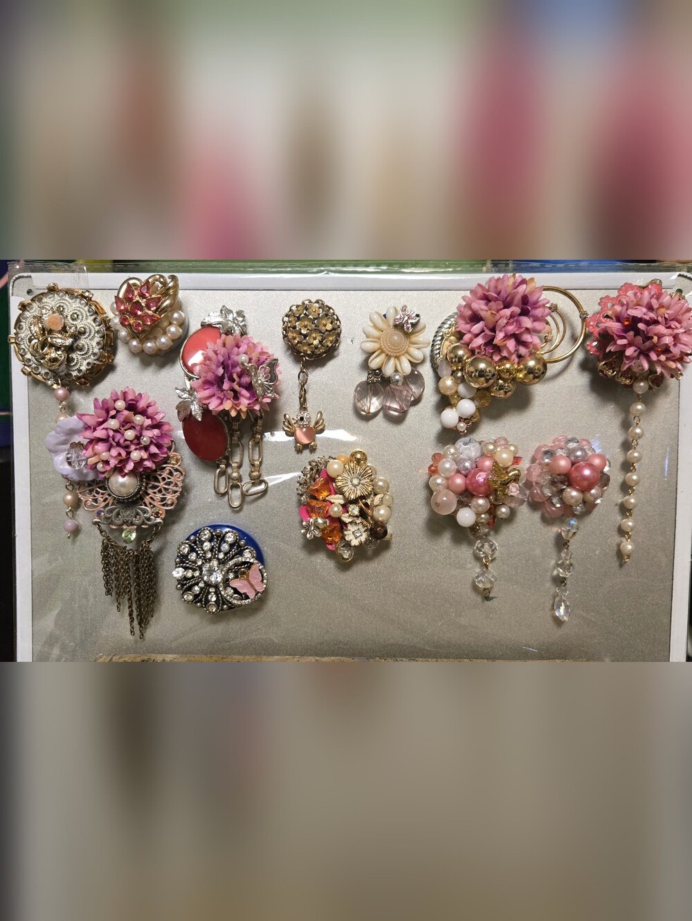 handmade refrigerator magnets made with vintage jewelry pink tones florals
